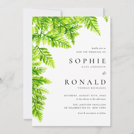 水彩シャルトレウスグリーン離れファーン結婚ズ 招待状 (正面)