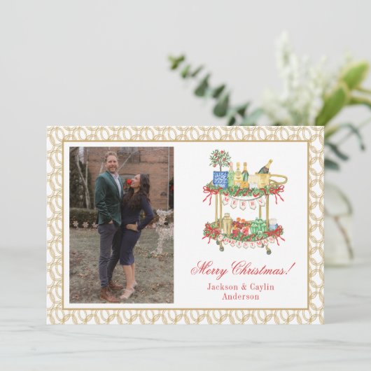 水彩シャンパンバーカートクリスマスフォト シーズンカード (スタンド正面)
