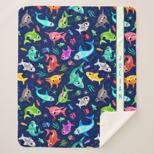 水彩シャークファミリー可愛パーソナライズされたい シェルパブランケット (正面)