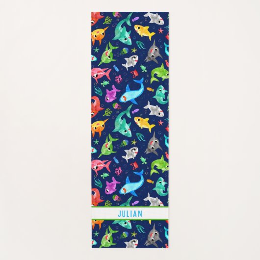 水彩シャークファミリー可愛パーソナライズされたい ヨガマット (正面)