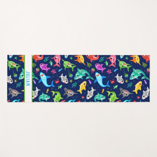 水彩シャークファミリー可愛パーソナライズされたい ヨガマット (正面(横))