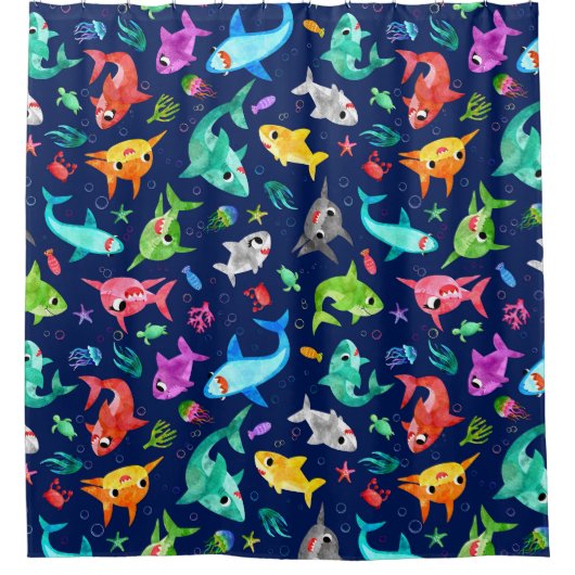 水彩シャークファミリー愛らしい海 シャワーカーテン (正面)