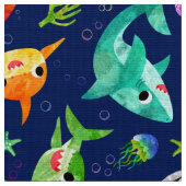 水彩シャークファミリー愛らしい海 ファブリック (クローズアップ)