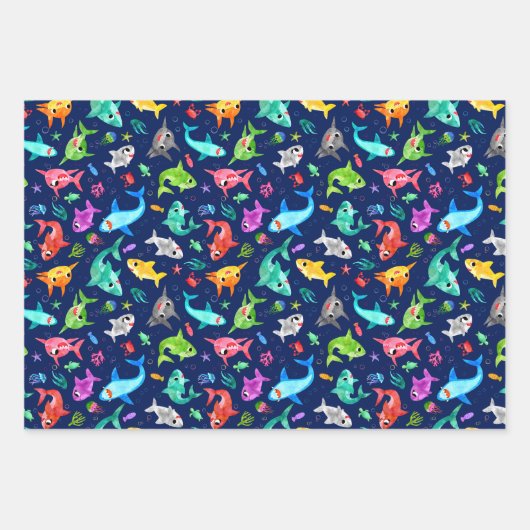 水彩シャークファミリー愛らしい海 ラッピングペーパーシート (正面3)