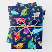 水彩シャークファミリー愛らしい海 ラッピングペーパーシート (インサイチュ)