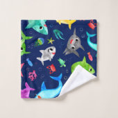 水彩シャークファミリー愛パーソナライズされたらしい バスタオルセット (ウォッシュタオル)