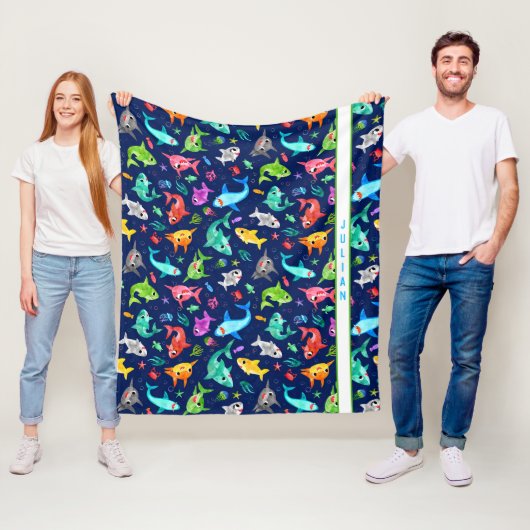 水彩シャークファミリー愛パーソナライズされたらしい フリースブランケット (インサイチュ)