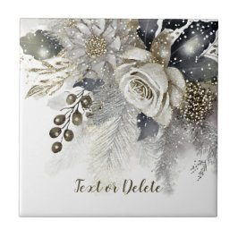 水彩シルバーゴールデンホワイトローズフラワー タイル