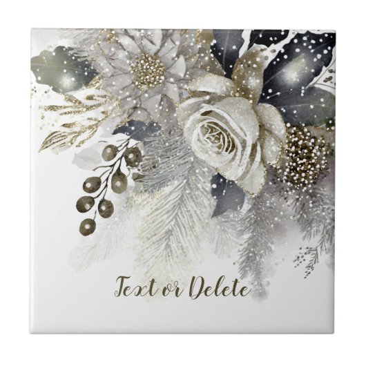 水彩シルバーゴールデンホワイトローズフラワー タイル (正面)