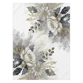 水彩シルバーゴールデンホワイトローズフラワー テーブルクロス