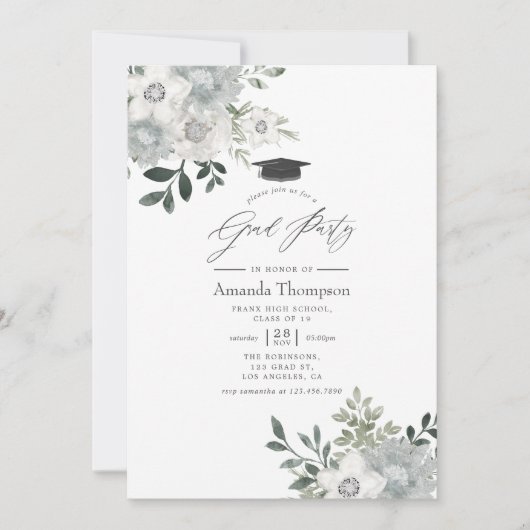 水彩シルバーセージフローラ卒業パーティー 招待状 (正面)