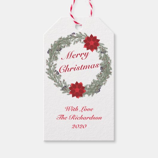 水彩シルバーレッドクリスマスリースポインセチア ギフトタグ (正面)