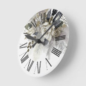 水彩シルバー ゴールド ホワイト ローズ 花 ラウンド壁時計 (傾斜)