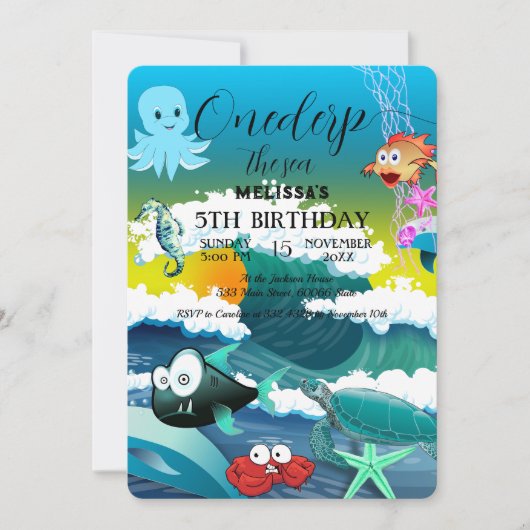 水彩シーアニマルバースデーパーティーへの招待 招待状 (正面)