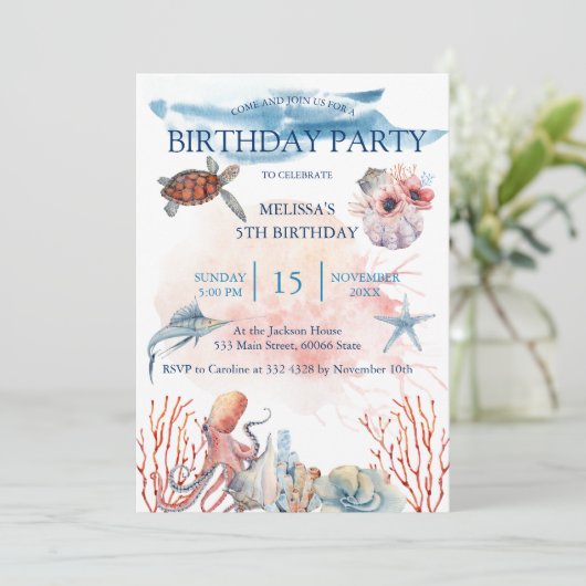 水彩シーアニマルバースデーパーティーへの招待 招待状 (スタンド正面)
