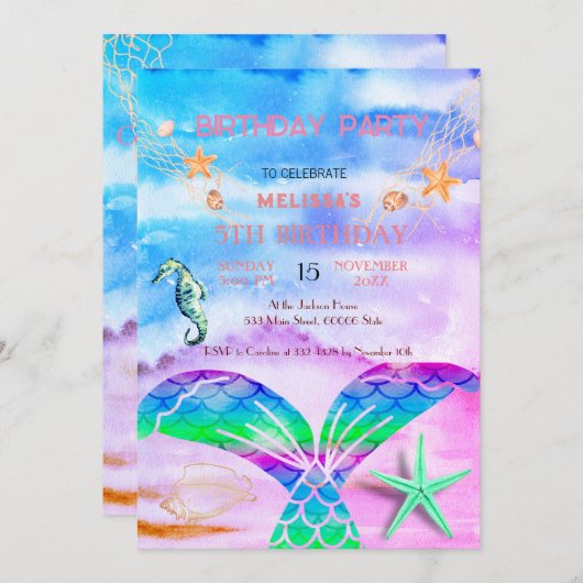 水彩シーアニマルバースデーパーティーへの招待 招待状 (正面/裏面)