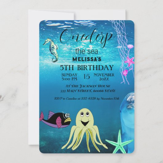 水彩シーアニマルバースデーパーティーへの招待 招待状 (正面)