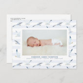 水彩シーガルズストライプパターンフォト誕生 案内ポストカード (正面/裏面)