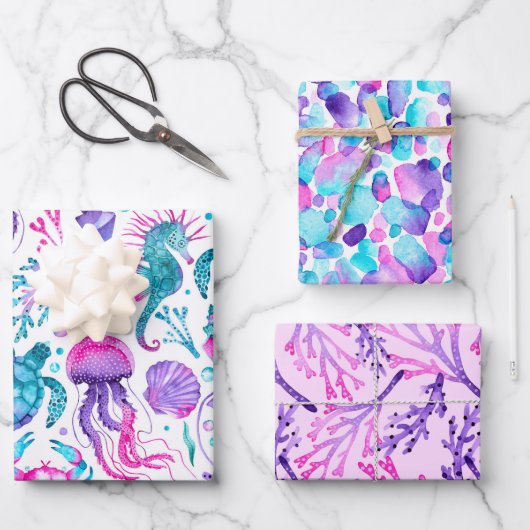 水彩シークレア絵を描ー、ストロークとサンゴ ラッピングペーパーシート (正面)