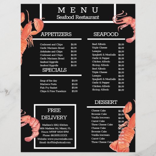 水彩シーフードカニ焼きレストランメニュー チラシ (正面)