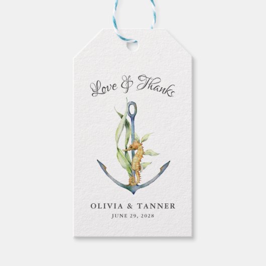 水彩シーホースといかり航海の結婚ズ ギフトタグ (正面)