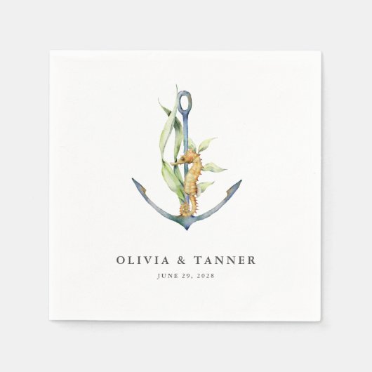 水彩シーホースといかり航海の結婚ズ スタンダードカクテルナプキン (正面)