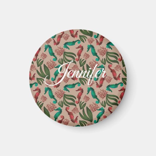 水彩シーホースピンク航海のパーソナライズされた マグネット (正面)