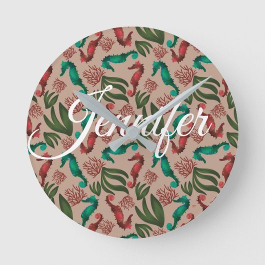 水彩シーホースピンク航海のパーソナライズされた ラウンド壁時計 (正面)