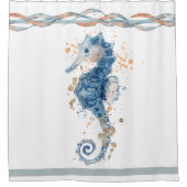 水彩シーホース桃のネイビーブルーのシーフロムリボン シャワーカーテン (正面)