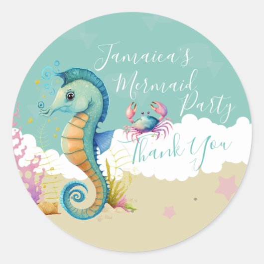 水彩シーホース海ビーチ誕生日ありがとう ラウンドシール (正面)