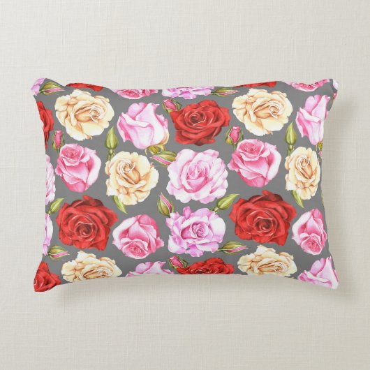 水彩シームレスパターンとバラ。シームレスW アクセントクッション (正面)