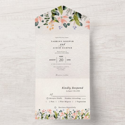 水彩シームレスワイルドフラワー結婚ズ オールインワン招待状 (内側)