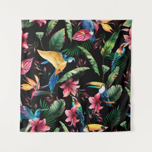 水彩シームレス模様、熱帯鳥、トゥカ タペストリー (正面)