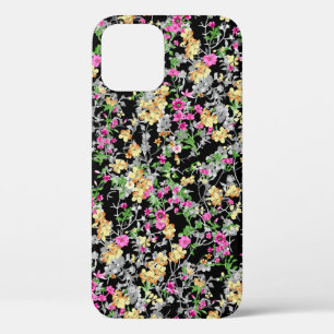 水彩シームレス花模様ブラック背景 iPhone 12ケース
