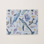 水彩シーライフクジラフェイクグリッター名ギフト ジグソーパズル (横)