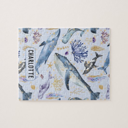 水彩シーライフクジラフェイクグリッター名ギフト ジグソーパズル (横)