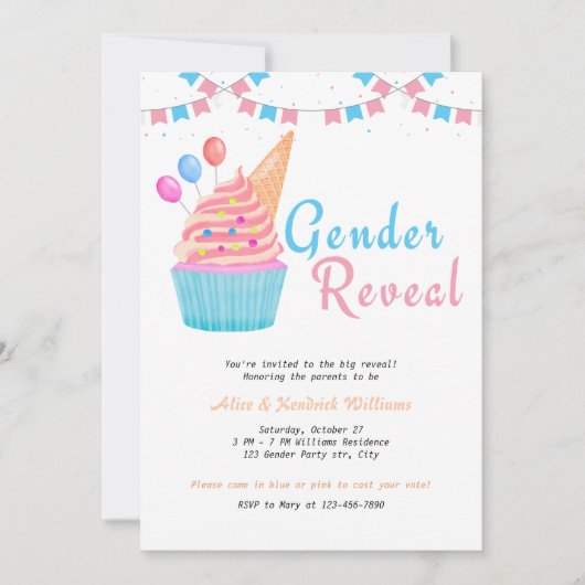 水彩ジェンダー明らかにするパーティーブルーピンクカップケーキ 招待状 (正面)
