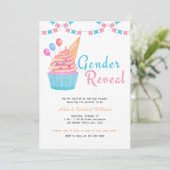 水彩ジェンダー明らかにするパーティーブルーピンクカップケーキ 招待状 (スタンド正面)