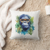 水彩ジャングルゴリラ サングラスと葉 クッション (ブランケット)