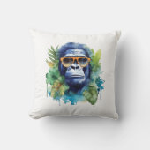 水彩ジャングルゴリラ サングラスと葉 クッション (正面)