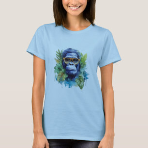 水彩ジャングルゴリラ サングラスと葉 Tシャツ
