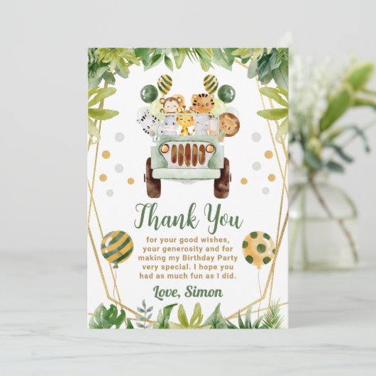 水彩ジャングルサファリアニマルズ子供の誕生日 サンキューカード (スタンド正面)