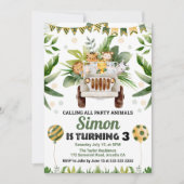 水彩ジャングルサファリアニマルズ子供の誕生日 招待状 (正面)