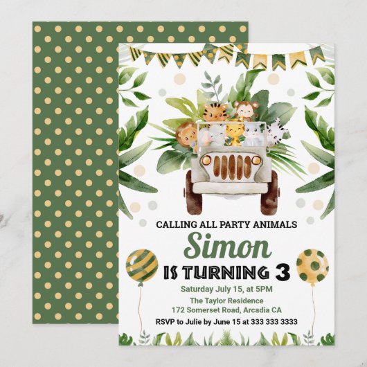 水彩ジャングルサファリアニマルズ子供の誕生日 招待状 (正面/裏面)