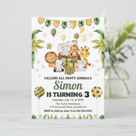 水彩ジャングルサファリアニマルズ子供の誕生日 招待状 (スタンド正面)