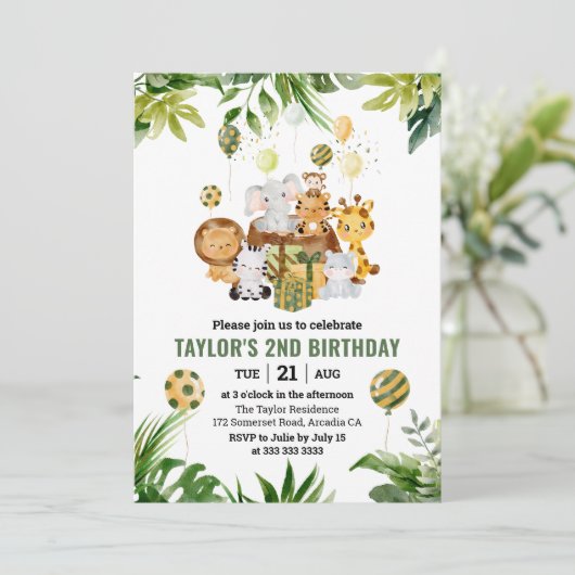 水彩ジャングルサファリアニマルズ子供の誕生日 招待状 (スタンド正面)