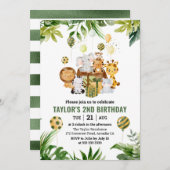 水彩ジャングルサファリアニマルズ子供の誕生日 招待状 (正面/裏面)