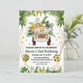 水彩ジャングルサファリアニマルズ子供の誕生日 招待状 (スタンド正面)