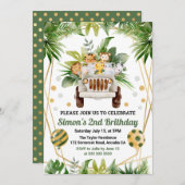 水彩ジャングルサファリアニマルズ子供の誕生日 招待状 (正面/裏面)