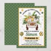 水彩ジャングルサファリアニマルズ子供の誕生日 招待状 (正面/裏面)